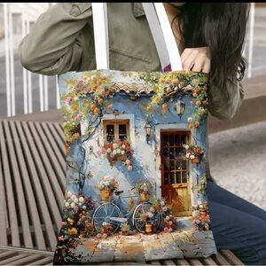 NEW: Charming Countryside Bicycle Print Handbag - Spacious Rustic Village